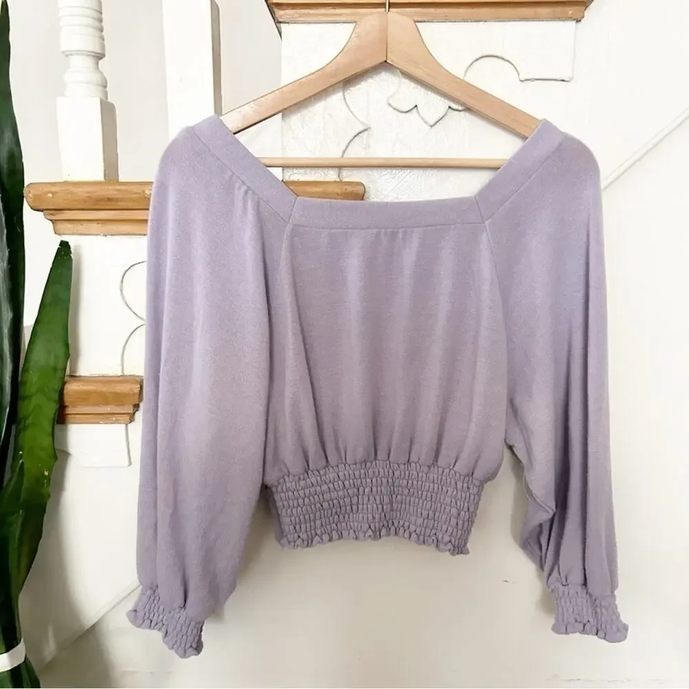 Free People Lavender Square Neck Soft Knit Smocked Cropped Golden Tee Size XS